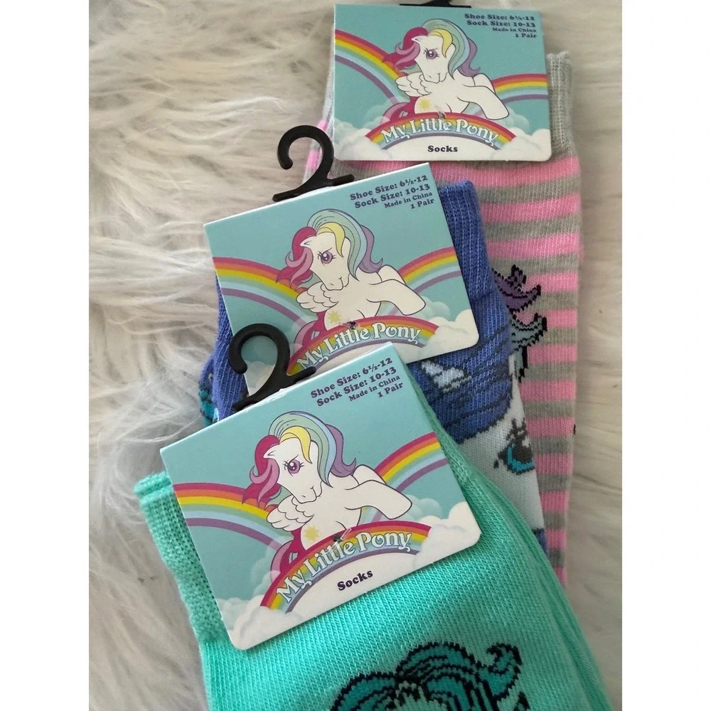 My Little Pony Crew Socks 3 Pair Bundle Mint Blue Pink Striped NWT Size 10-13